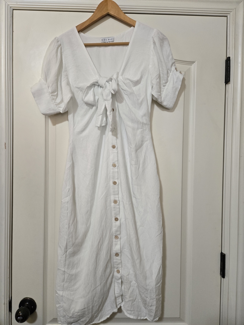 Miou Muse Midi Button-Front Tie Detail Dress in White Lined Cottage Core